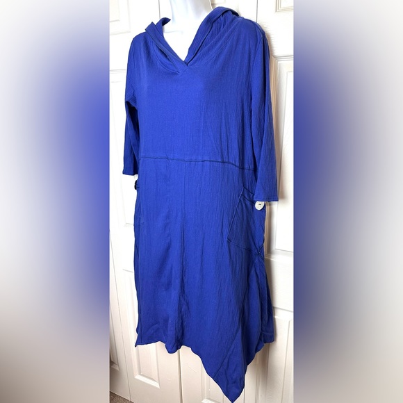 New SOFT SURROUNDINGS Lagunitas Hooded Midi Dress Blue Crinkle Pocket Asymmetric - Picture 4 of 13